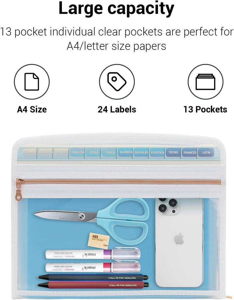 mukawa 13 Pocket Zippered Expanding File, Zippered Accordion File Organizer, Accordion Folder with Zipper for Documents Letter Size A4 Papers (Blue) - Image 5